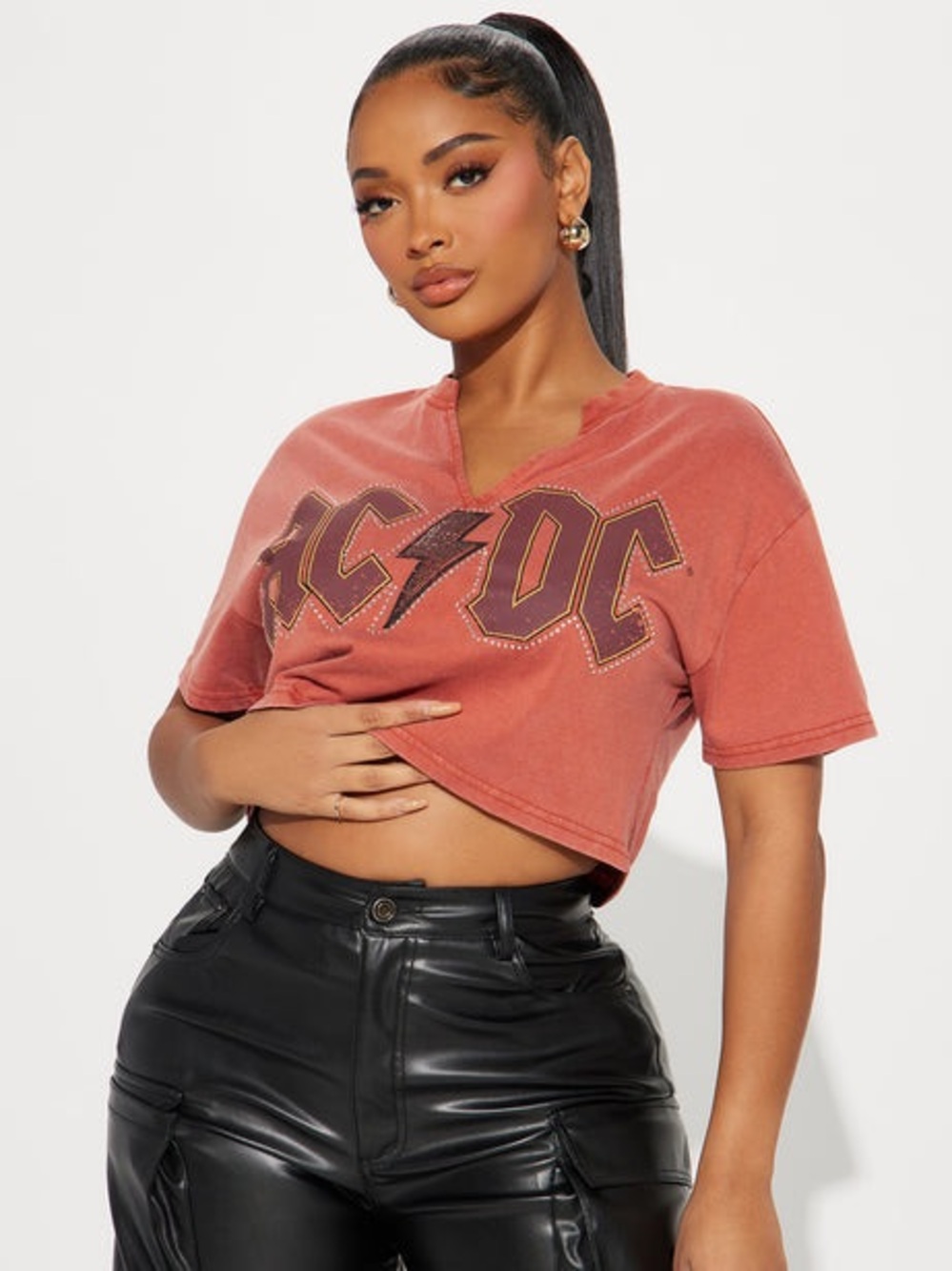 Fashion Nova AC/DC Rust Red Studded Cropped Graphic Tee
